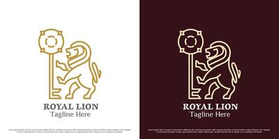 reale Leone chiave logo design illustrazione. silhouette di un' reale Leone Tenere un' chiave animale portafortuna ruggito artiglio zampa fauna natura imperiale onore imperatore. semplice minimo minimalista maestà maestoso lusso. vettore