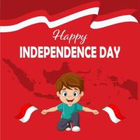 felice giorno dell'indipendenza. ragazzino carino con in mano una bandiera indonesiana vettore