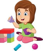 carino poco ragazza giocando colorato di legno mattone bloccare giocattoli vettore