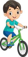 carino poco ragazzo cartone animato equitazione bicicletta vettore