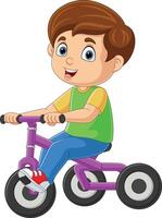 carino poco ragazzo cartone animato equitazione bicicletta vettore