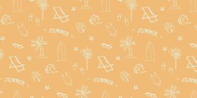 estate. mano disegnato impostato di semplice icone su arancia sfondo con estate elementi. collezione di cartone animato icone con uno linea nel bianca colore. vettore