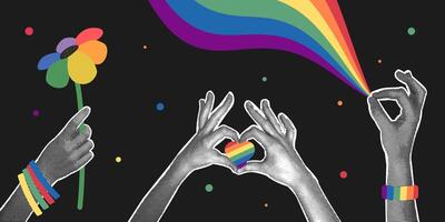 di moda impostato di mezzitoni collage su buio sfondo. mani Tenere lgbt emblema, arcobaleno, fiore, bandiera. Genere, diversità, unità concetto. piatto illustrazione per manifesto, cartolina, striscione, etichetta. vettore