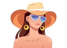 un' ragazza nel un' spiaggia cappello e occhiali da sole. riflessione di il paesaggio marino. estate vibrazione. relax, viaggiare, tempo libero concetto illustrazione semplice illustrazione isolato su bianca sfondo. cartone animato stile. vettore