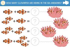 Come molti pesce pagliaccio gioco. sotto il mare matematica aggiunta attività per prescolastico bambini. semplice oceano vita stampabile conteggio foglio di lavoro per bambini con carino acqua animali, pesce, alghe vettore