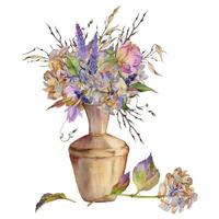 mano disegnato acquerello illustrazione squallido boho botanico fiori le foglie. rosa edera ortensia veronica lunaria nel rame ceramica vaso. mazzo isolato su bianca sfondo. design nozze, amore carte vettore