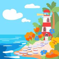 scena di il mare con un' faro, fiori e un' pietra sentiero per il onde. oceano riva con blu acqua. bambini cartone animato illustrazione per Stampa, manifesto o libri. vettore