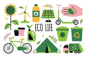 eco ambiente icona clipart impostato con solare pannello, terra nel mano, eco tazze,verde energia, spazzatura camion, spazzatura bidone, plastica bottiglia, rubinetto, piante, estate campo vettore