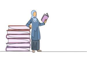 continuo uno linea disegno arabo donna in piedi lettura libro mentre pendente contro un' mucchio di grande libri. passatempo di lettura ovunque. molto contento quando lettura. singolo linea design illustrazione vettore