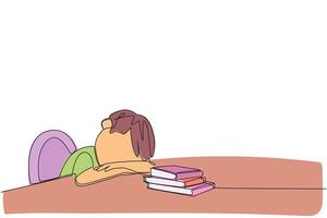 singolo continuo linea disegno ragazzo addormentato a il tavolo dove Là erano emorroidi di libri. stanco dopo con successo finitura il preferito lettura libro. amore leggere. uno linea design illustrazione vettore