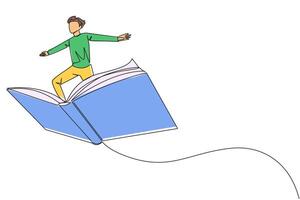 singolo continuo linea disegno uomo in piedi su un' grande volante Aperto libro. piace equitazione un' nube, in grado per volare come alto come possibile. lettura aumenta intuizione. amore leggere. uno linea design illustrazione vettore