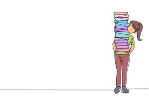 singolo uno linea disegno donna trasporto alto pila di libri copertura se stessa. di recente acquistato libro a partire dal libreria. leggere libri uno di uno a casa. amore leggere. continuo linea design grafico illustrazione vettore