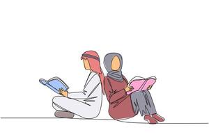 singolo continuo linea disegno arabo uomo donna seduta mentre lettura il libro. lettura il libri per imparare. il veloce studente. libro Festival concetto. contento lettura. uno linea design illustrazione vettore
