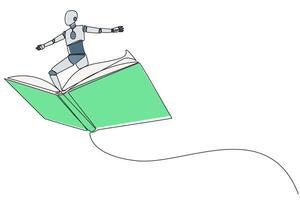 singolo uno linea disegno inteligente robotica in piedi su grande volante Aperto libro. piace equitazione un' nube, in grado per volare come alto come possibile. lettura aumentare intuizione. continuo linea design grafico illustrazione vettore