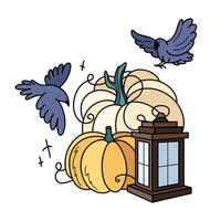 autunno zucche con lanterna e uccelli. carino mano disegnato illustrazione. adorabile kawaii composizione. cartone animato piatto clipart per di stagione saluto carte, stampe, adesivi, confezione. vettore