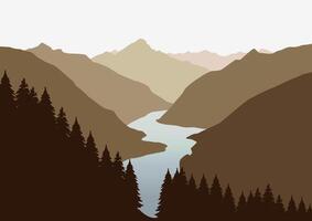 montagne e fiume paesaggio. illustrazione nel un' piatto stile. vettore