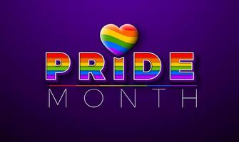 LGBTQ orgoglio mese illustrazione con colorato cuore e arcobaleno bandiera sfondo nel 3d testo etichetta. amore è amore umano diritti o diversità concetto. lgbt evento bandiera design per cartolina, bandiera vettore