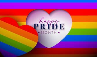 LGBTQ orgoglio mese illustrazione con tagliare su cuore simbolo su arcobaleno bandiera sfondo. amore è amore umano diritti o diversità concetto. lgbt evento bandiera design per cartolina, striscione, saluto carta vettore