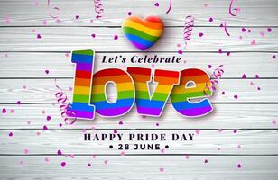 contento orgoglio giorno LGBTQ illustrazione con arcobaleno cuore e colorato tagliare su amore testo etichetta su Vintage ▾ legna sfondo. 28 giugno amore è amore umano diritti o diversità concetto. lgbt evento bandiera vettore