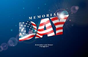 memoriale giorno di il Stati Uniti d'America design modello con americano bandiera nel testo etichetta su blu sfondo. nazionale patriottico celebrazione illustrazione per striscione, cartolina, saluto carta o vacanza manifesto. vettore