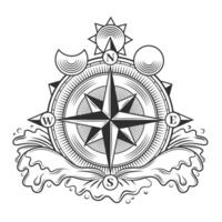 bussola tatuaggio. minimalista nero astrologico amuleto con freccia e sole Luna stelle, moderno orientamento direzione cartello. isolato impostato vettore