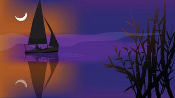 bellissimo paesaggio natura con tramonto e acqua riflessione con galleggiante barca, Luna e bambù albero illustrazione. notte scena. vettore