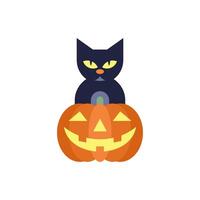 Halloween zucca con nero gatto raccapricciante carino personaggio bambini icona piatto illustrazione vettore