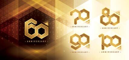 impostato di 60 per 100 anni anniversario logotipo disegno, sessanta per centinaio anni anniversario celebrazione. astratto esagono infinito confine linea logo, 60,70,80,90,100 anni logo d'oro vettore