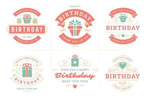 contento compleanno rosso Vintage ▾ etichetta e distintivo impostato per saluto carta design piatto illustrazione vettore