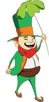 personaggio del leprechaun del giorno di san patrizio. tenendo una foglia di trifoglio sopra la testa. leprechaun della suite verde che celebra il festival irlandese. vettore