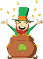 personaggio del leprechaun del giorno di san patrizio. seduto all'interno di una pentola di monete d'oro che cadono dal cielo. leprechaun della suite verde che celebra il festival irlandese. vettore