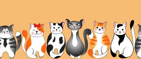 senza soluzione di continuità confine modello con carino rosso e grigio gatti su arancia sfondo. illustrazione per bambini. vettore