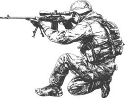 cecchino esercito soldato nel azione pieno corpo Immagine utilizzando vecchio incisione stile vettore