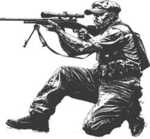 cecchino esercito soldato nel azione pieno corpo Immagine utilizzando vecchio incisione stile vettore