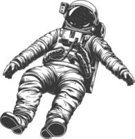 astronauta galleggiante nel spazio pieno corpo immagini utilizzando vecchio incisione stile corpo nero colore solo vettore