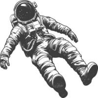 astronauta galleggiante nel spazio pieno corpo immagini utilizzando vecchio incisione stile corpo nero colore solo vettore