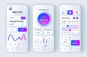 set di modelli neumorfici di concetto di servizi finanziari. online banking, apertura conto, monitoraggio e navigazione. ui, ux, schermate gui per app mobili reattive. kit di disegno vettoriale in stile neumorfismo