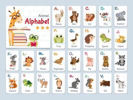 alfabeto veloce carte per apprendimento lettere nel scuola materna bambini. bambini abc flashcard con cartone animato animali. carino personaggi e inglese parole per allievi nel scuola. educativo prescolastico impostare. vettore