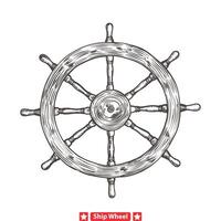 navigare con stile intricatamente artigianale nave timone ruota silhouette per artistico espressione vettore