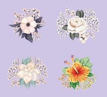 set di fiori bianchi con boccioli e foglie che dipingono disegno vettoriale