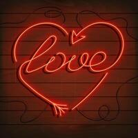 neon parola amore. un' luminosa rosso cartello su un' di legno parete. elemento di design per un' contento San Valentino S giorno. illustrazione. vettore