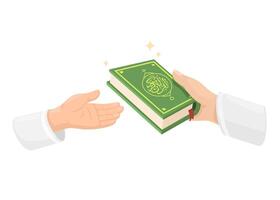 mano dando al Corano santo libro Islam religione simbolo cartone animato illustrazione vettore