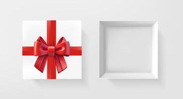 bianca regalo scatola ha aperto e chiuso con rosso raso nastro e arco. 3d stile illustrazione vettore