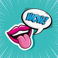 bocca sexy con la lingua fuori con wow lettering icona in stile pop art vettore