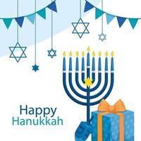 felice hanukkah con lampadario e icone vettore