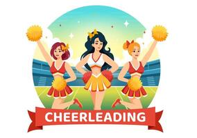 cheerleader ragazza illustrazione con cheerleading pom poms di danza e salto per supporto squadra sport durante concorrenza su piatto sfondo vettore