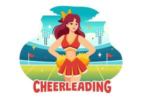 cheerleader ragazza illustrazione con cheerleading pom poms di danza e salto per supporto squadra sport durante concorrenza su piatto sfondo vettore