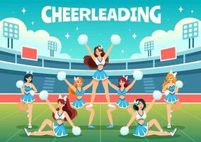 cheerleader ragazza illustrazione con cheerleading pom poms di danza e salto per supporto squadra sport durante concorrenza su piatto sfondo vettore