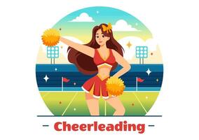 cheerleader ragazza illustrazione con cheerleading pom poms di danza e salto per supporto squadra sport durante concorrenza su piatto sfondo vettore