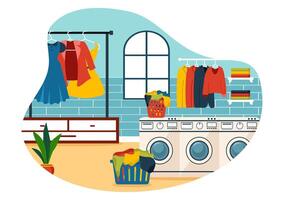 asciutto pulizia memorizzare servizio illustrazione con lavaggio macchine, essiccatori e lavanderia per pulito capi di abbigliamento nel piatto cartone animato sfondo design vettore